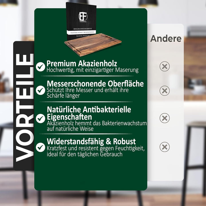 EndlessFresh Schneidebrett Holz - Premium cutting board wood - 39x25cm gross - Holzbrett Küche Akazi