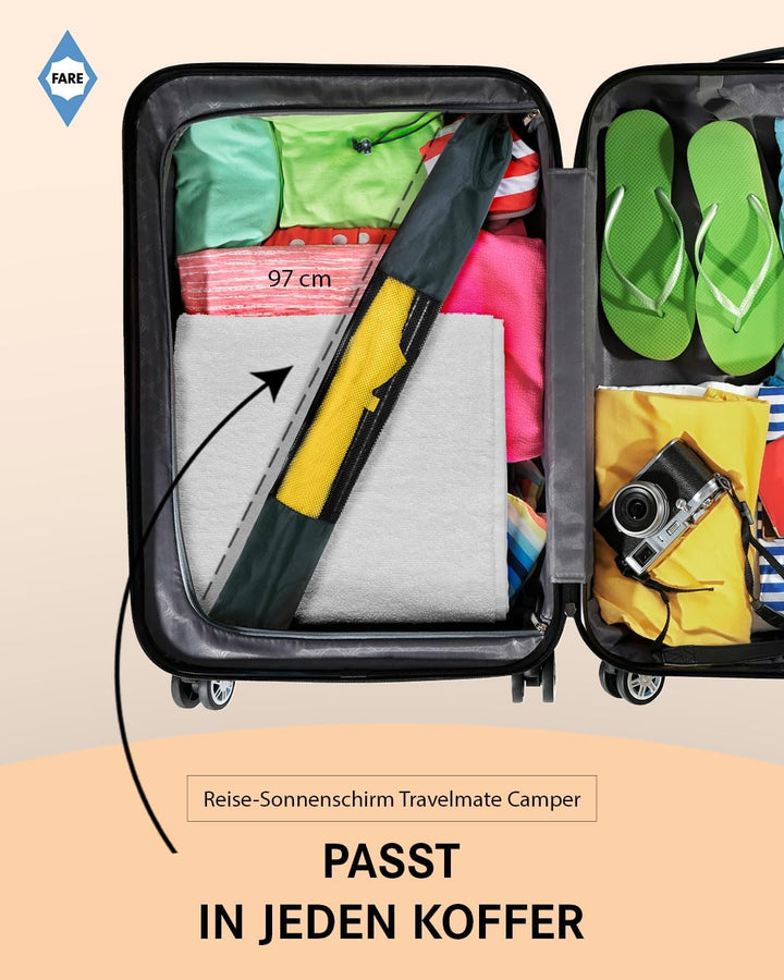 FARE Reise-Sonnenschirm Travelmate Camper UV Schutz 50+ für Koffer Flugzeug Camping Balkon Strand Ga