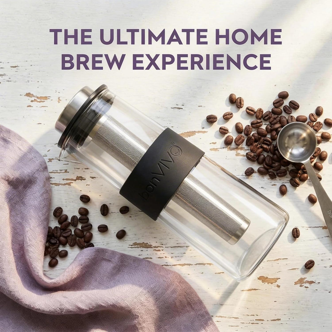 bonVIVO Cold Brew Coffee Maker - Kaffeebereiter mit Glaskaraffe aus Borosilikatglas und Edelstahl-Fi