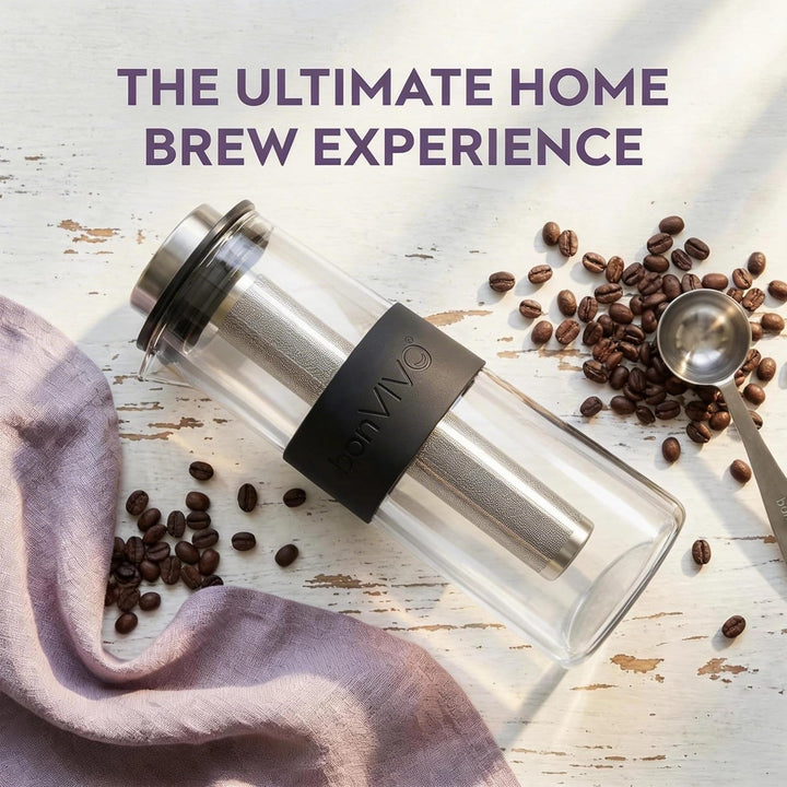 bonVIVO Cold Brew Coffee Maker - Kaffeebereiter mit Glaskaraffe aus Borosilikatglas und Edelstahl-Fi
