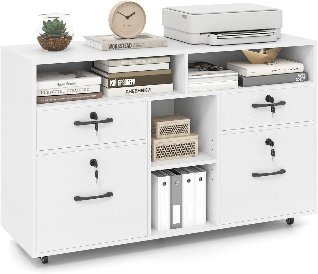 COSTWAY Rollcontainer mit 4 Schubladen, mobiler Aktenschrank abschliessbar mit verstellbarem Regal &