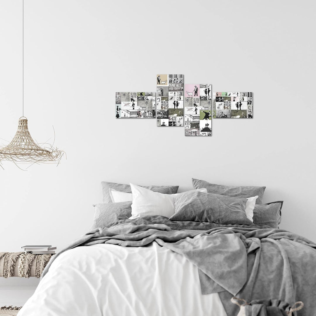 Runa Art Bild Modern Collage Banksy - Made in Germany - Wandbilder Street Art Grau 4 Teilig 302742b