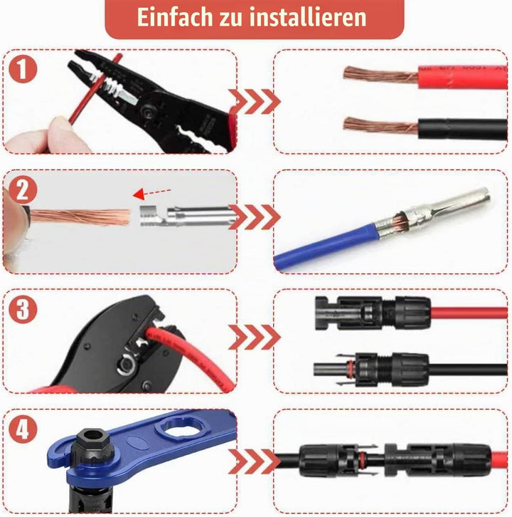 Solar Crimpzange Set für 2.5/4/6mm² PV Kabel, mit 1 MC4 Crimpzangen, 12 Paar Kabelstecker, 12 Paar M
