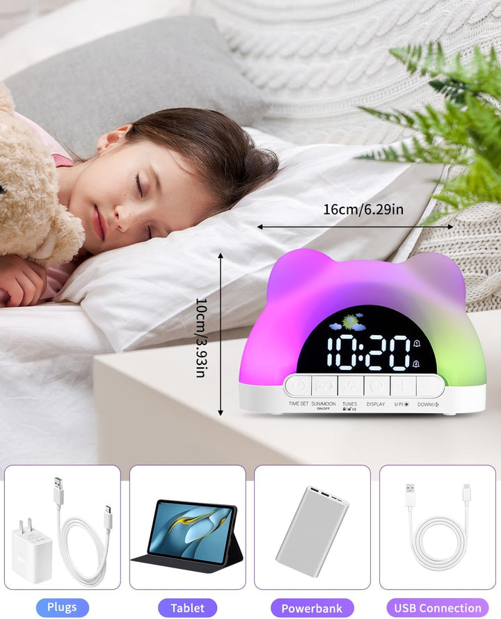 PERMUST Wecker Kinder 10 Weckerlärme, 11 RGB-Farben, 2 Alarme + Snooze, Schlaftrainer, Einstellbare
