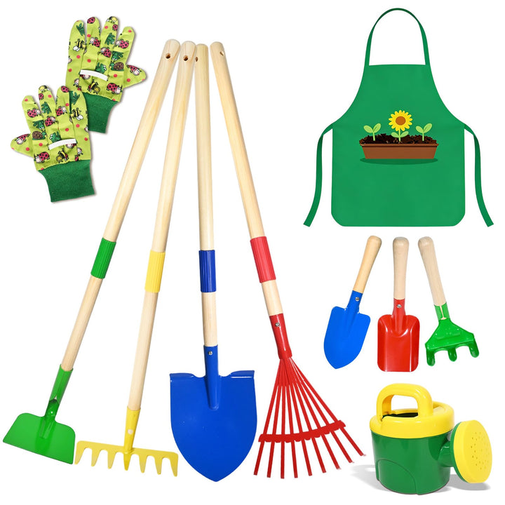 10 Stück Kinder Gartenwerkzeug Set, Metall Gartenwerkzeug Set mit Schaufel, Rechen, Gabel, Arbeitsha