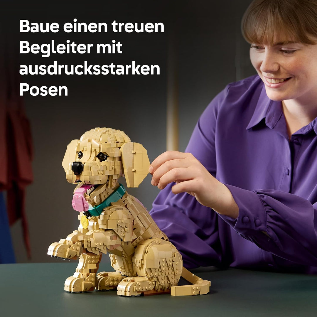 LEGO Icons Golden Retriever Welpe - Modellbau für Erwachsene - 3D Tierfigur zum Ausstellen mit Halsb