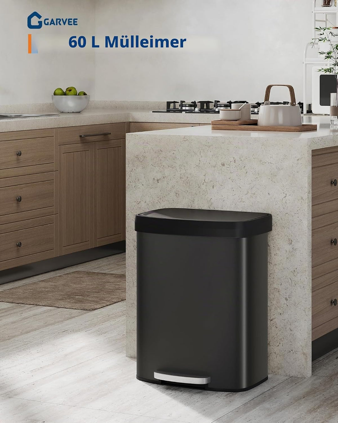 GarveeHome 60L Metall Mülleimer mit Deckel, grosser Tretmülleimer, Mülleimer Küche, rostfrei, mit Be
