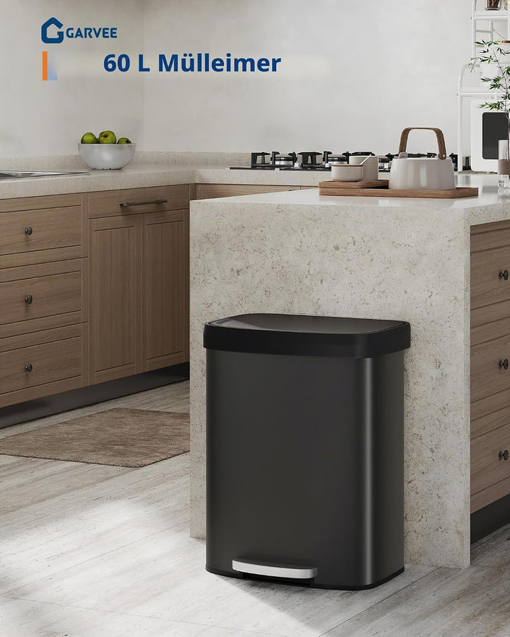 GarveeHome 60L Metall Mülleimer mit Deckel, grosser Tretmülleimer, Mülleimer Küche, rostfrei, mit Be