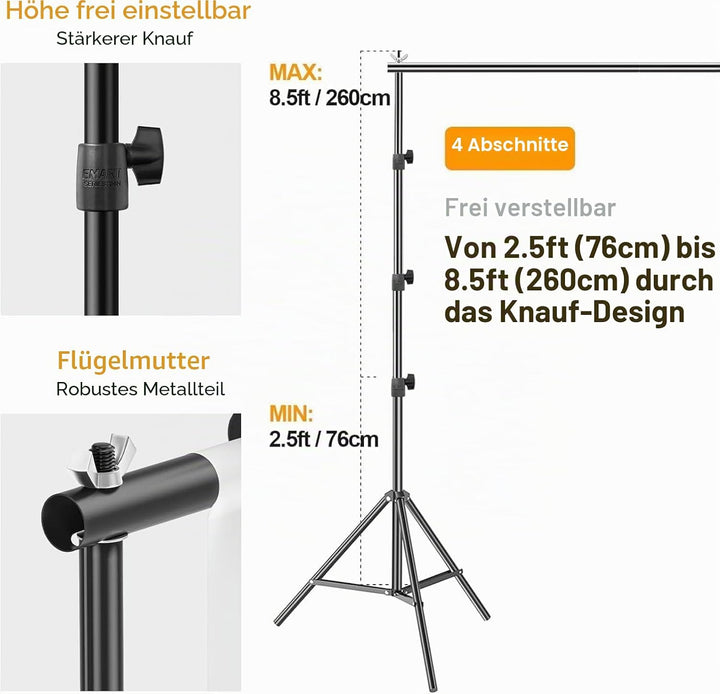 EMART Foto Hintergrund Ständer Fototudios, 2,6m x 3m Verstellbarer Hintergrundsystem mit 6 Hintergru