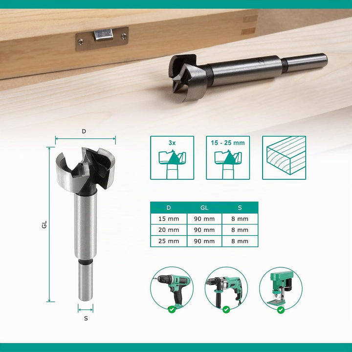 ENT 09151 6-tlg. Zapfenschneider und Forstnerbohrer Set WS - Ø 15-20-25 mm - für Verbinder, Dübel un