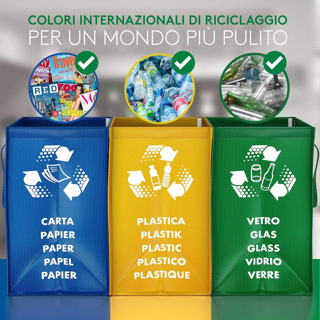 PTMS® Mülleimer 3 Fächer MAXI XL extra gross - Mülltrennsystem Taschen für Papier, Glas & Plastik -