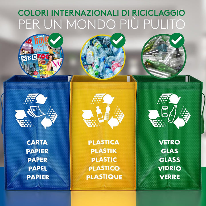 PTMS® Mülleimer 3 Fächer MAXI XL extra gross - Mülltrennsystem Taschen für Papier, Glas & Plastik -