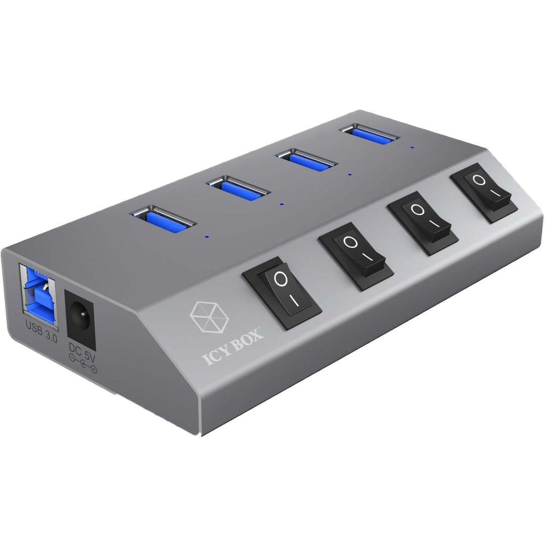 ICY BOX IB-Hub1405 4-fach USB 3.0 Hub und Ladegerät, An-/Ausschalter für jeden Port, Netzteil (5V/4A