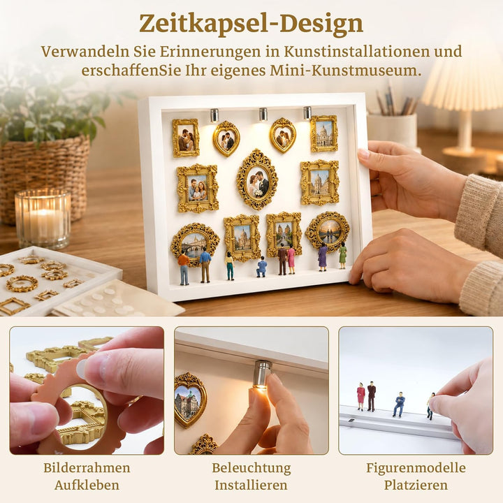 DIY Mini Museum Menschen Bilderrahmen, Mini Figuren Museum Bilderrahmen mit 11 Goldene Rahmen Vintag