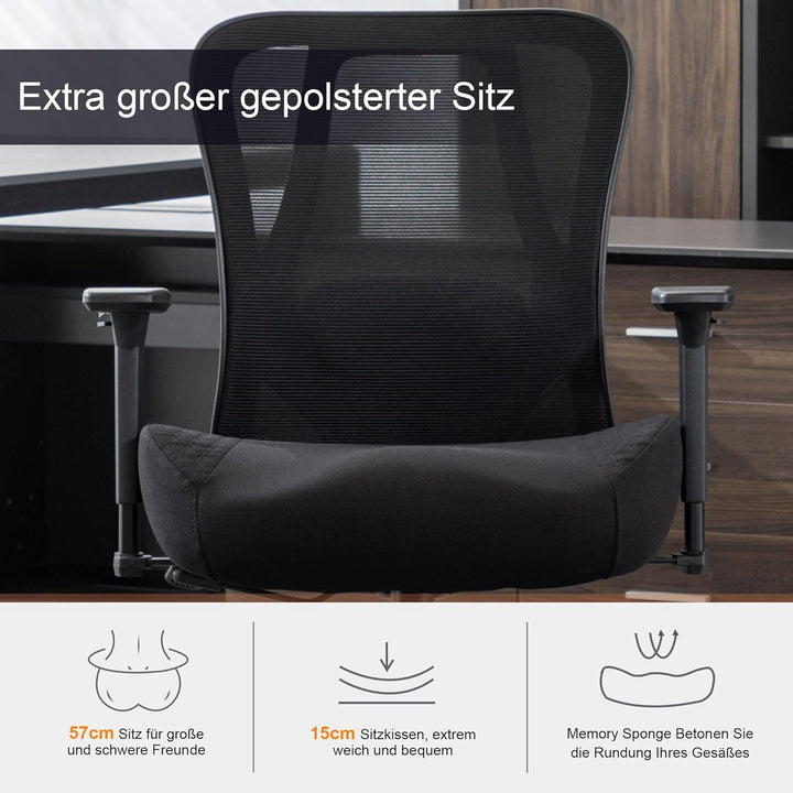 UEV Ergonomischer Bürostuhl 230kg, Verstellbare Lendenwirbelstütze/Armlehnen, atmungsaktiv Netzbespa