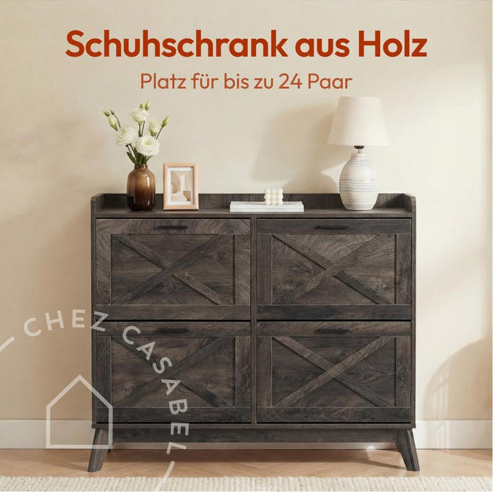 CASABEL Schuhschrank mit 4 Klappen, Fronten mit Kreuzmuster, DunklesHolz, Funktionales Design, Gross