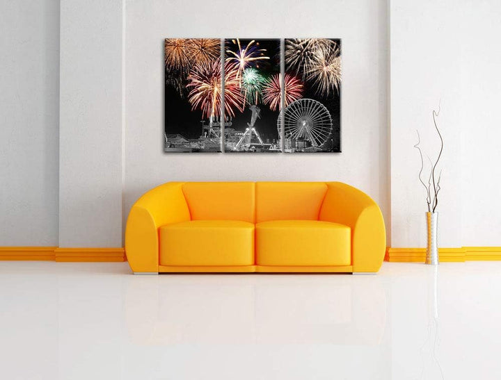 Silvester Feuerwerk schwarz/weiss 3-Teiler Leinwandbild 120x80 Bild auf Leinwand, XXL riesige Bilder
