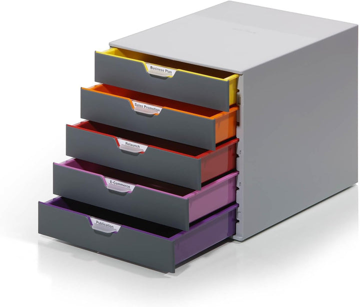 Durable Schubladenbox A4 (Varicolor) Ablagebox 5 Fächer, Ablagebox A4 mit Etiketten zur Beschriftung