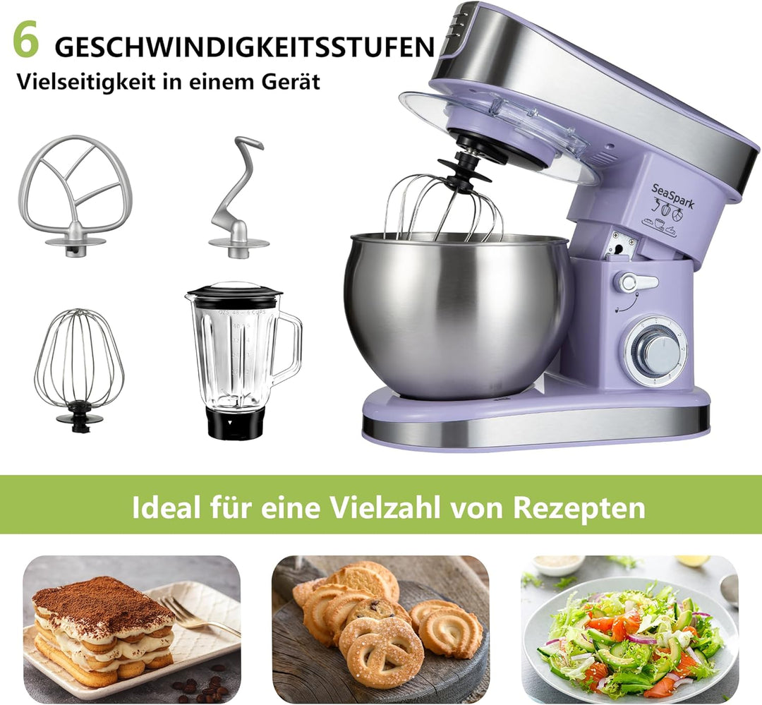 Küchenmaschine, 6 L Knetmaschine 1200W, 6 Geschwindigkeits Küchenmaschine, Teigmaschine mit Rührhake