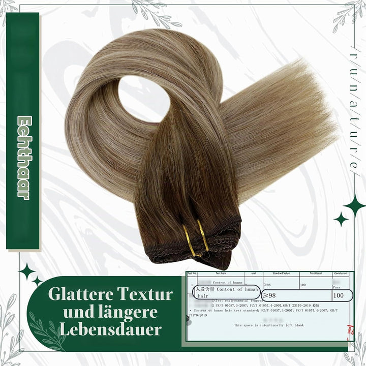 RUNATURE Balayage Braun Echthaar Extensions Clip Ombre Blond 40cm Invisible Clip in Hair Extensions