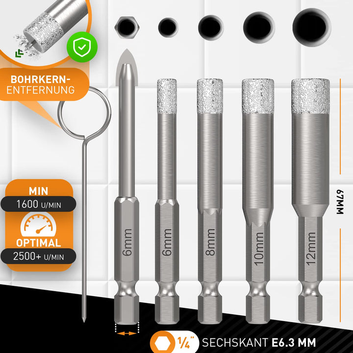 HARDTWERK Turbo Diamantbohrer 6-tlg. Fliesenbohrer Set [6, 8, 10, 12mm] mit 6mm Karbid-Anbohrer (ink