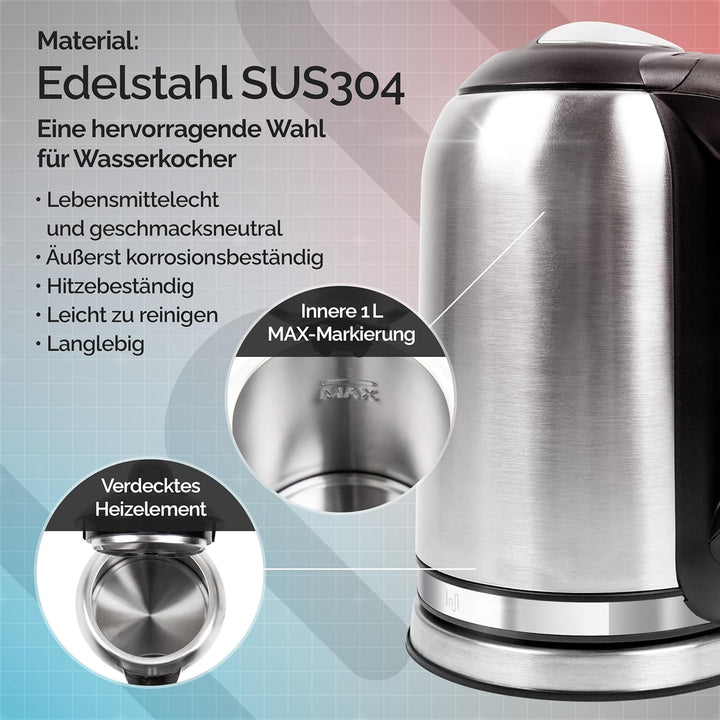 Basics Wasserkocher, Wasserkocher Edelstahl 1L, Wasserkocher klein 1200W, Reisewasserkocher mit Troc