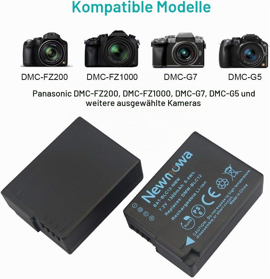 Newmowa Ersatz Akku DMW-BLC12 (2er Pack) und Tragbar Micro USB Ladegerät Kit für Panasonic DMW-BLC12