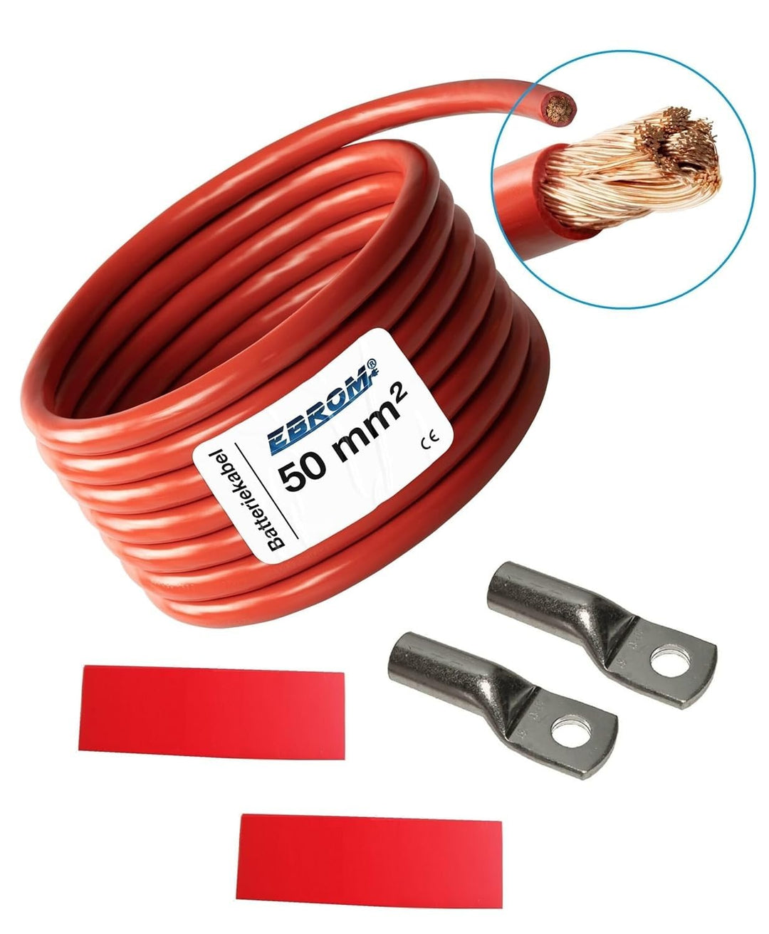 EBROM Batteriekabel „DIY SET" PLUS Kabel ROT - 50 mm² von 30 cm bis 10 Meter, Ringösen Kabelschuhe M