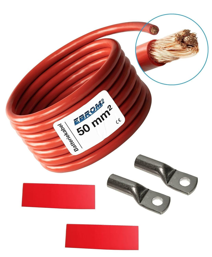 EBROM Batteriekabel „DIY SET" PLUS Kabel ROT - 50 mm² von 30 cm bis 10 Meter, Ringösen Kabelschuhe M