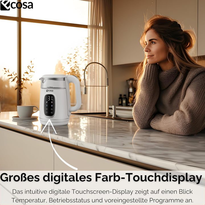 Ecosa® Wasserkocher mit Temperatureinstellung Glas Edelstahl - Teekocher - 1,7 Liter 2.200 Watt - BP