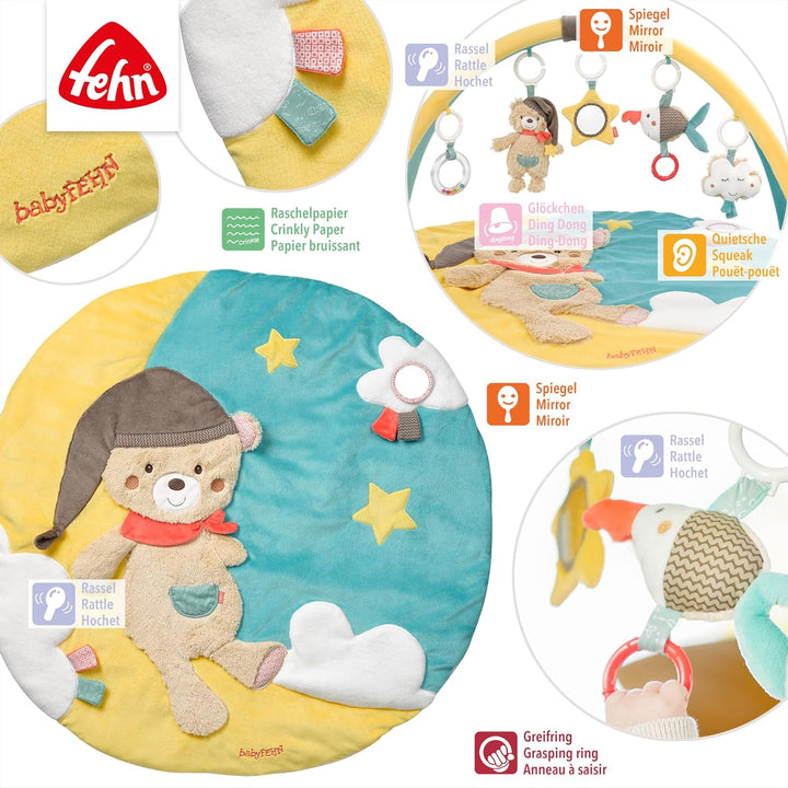 Fehn 3-D-Activity-Decke Spielbogen Bruno – Baby Krabbeldecke mit 5 abnehmbaren Spielzeugen zum Greif