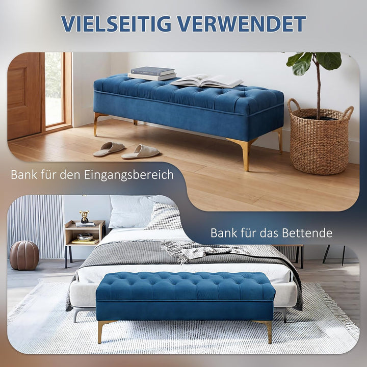 HOMCOM Sitzbank, Bettbank, Schuhbank mit erhöhten Beine, Schlafzimmer, Samt Blau 118 x 45 x 42 cm Bl