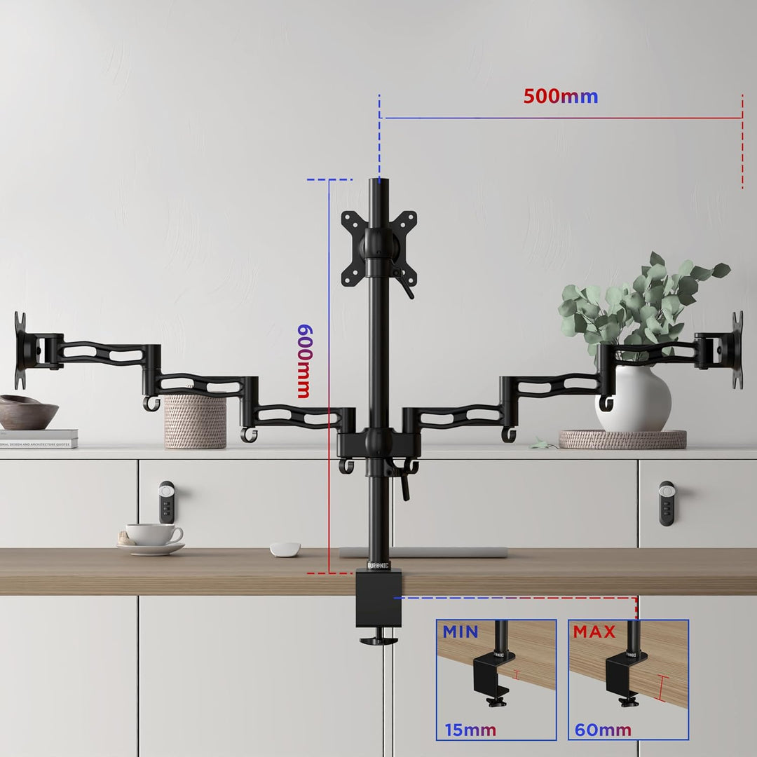 Duronic DM353 Arm für 3 Computermonitore | Dreifach-Monitorhalterung für PC mit Gelenk, VESA 75 100