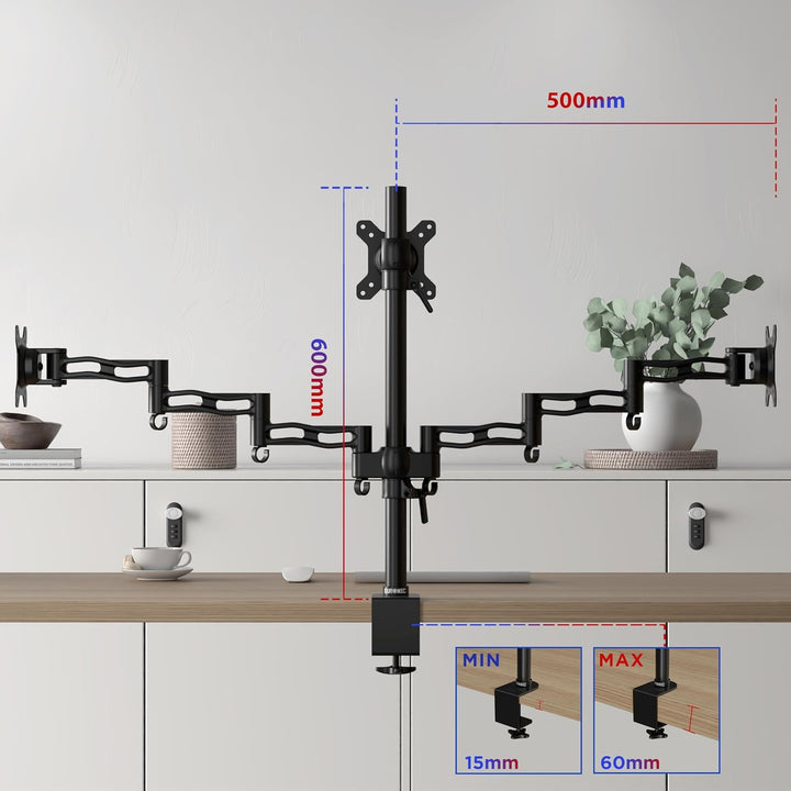 Duronic DM353 Arm für 3 Computermonitore | Dreifach-Monitorhalterung für PC mit Gelenk, VESA 75 100