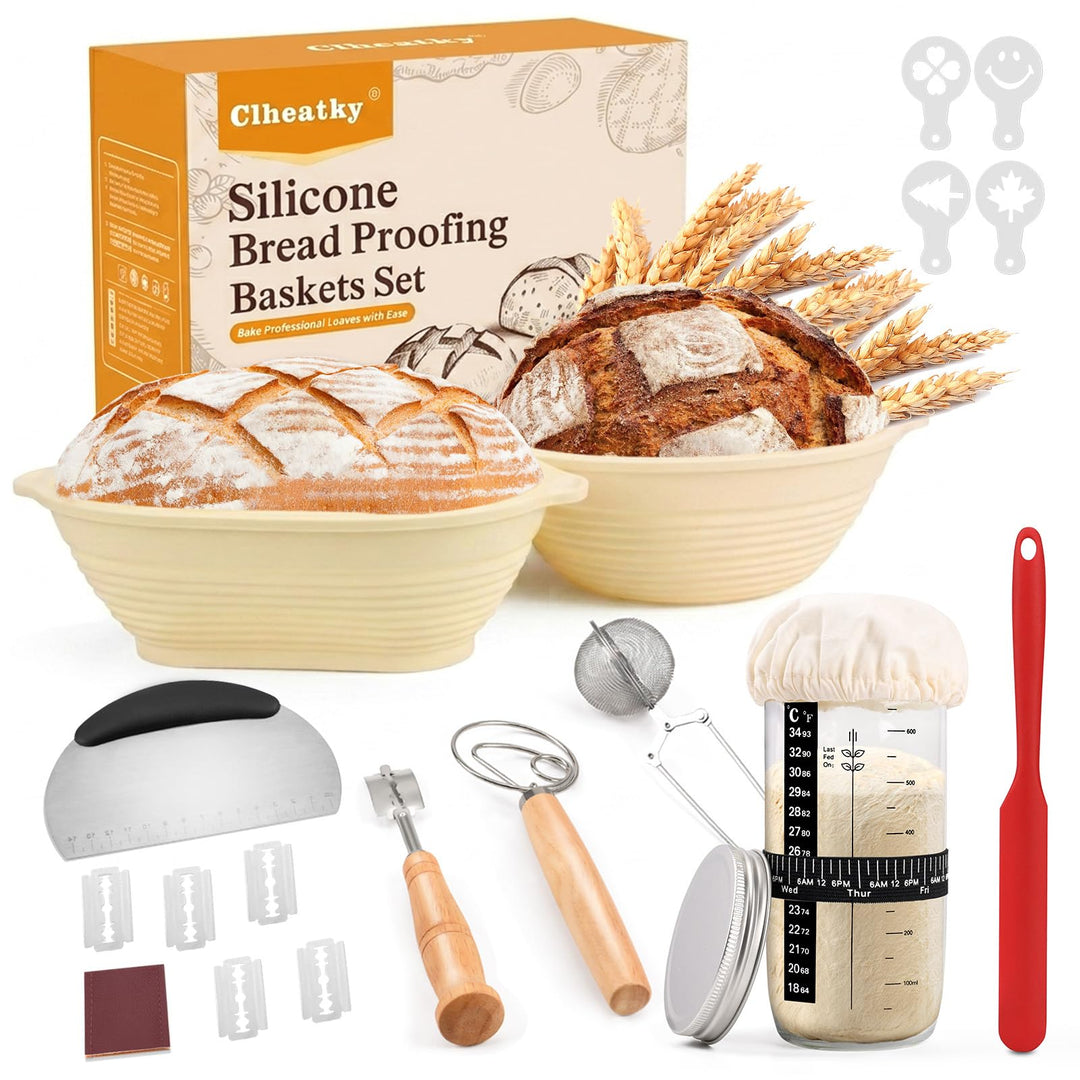Sauerteig Starter Set, Rund & Oval Gärkörbchen mit Komplettem Brotback-Set, Glas für Sauerteigstarte
