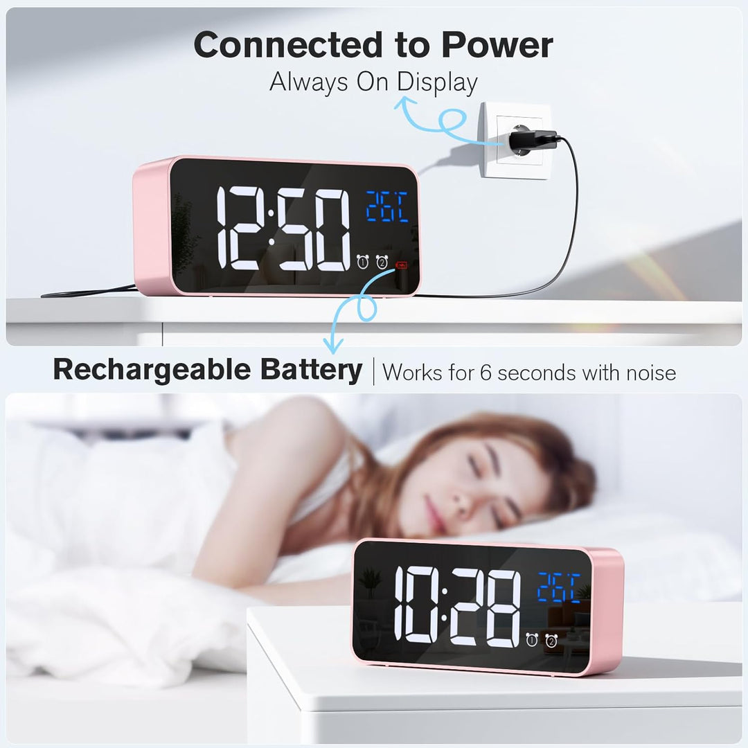 Wecker Digital, LED Digitaluhr mit Temperaturanzeige Tragbarer Spiegelalarm Tischuhr mit 2 Alarmen 1