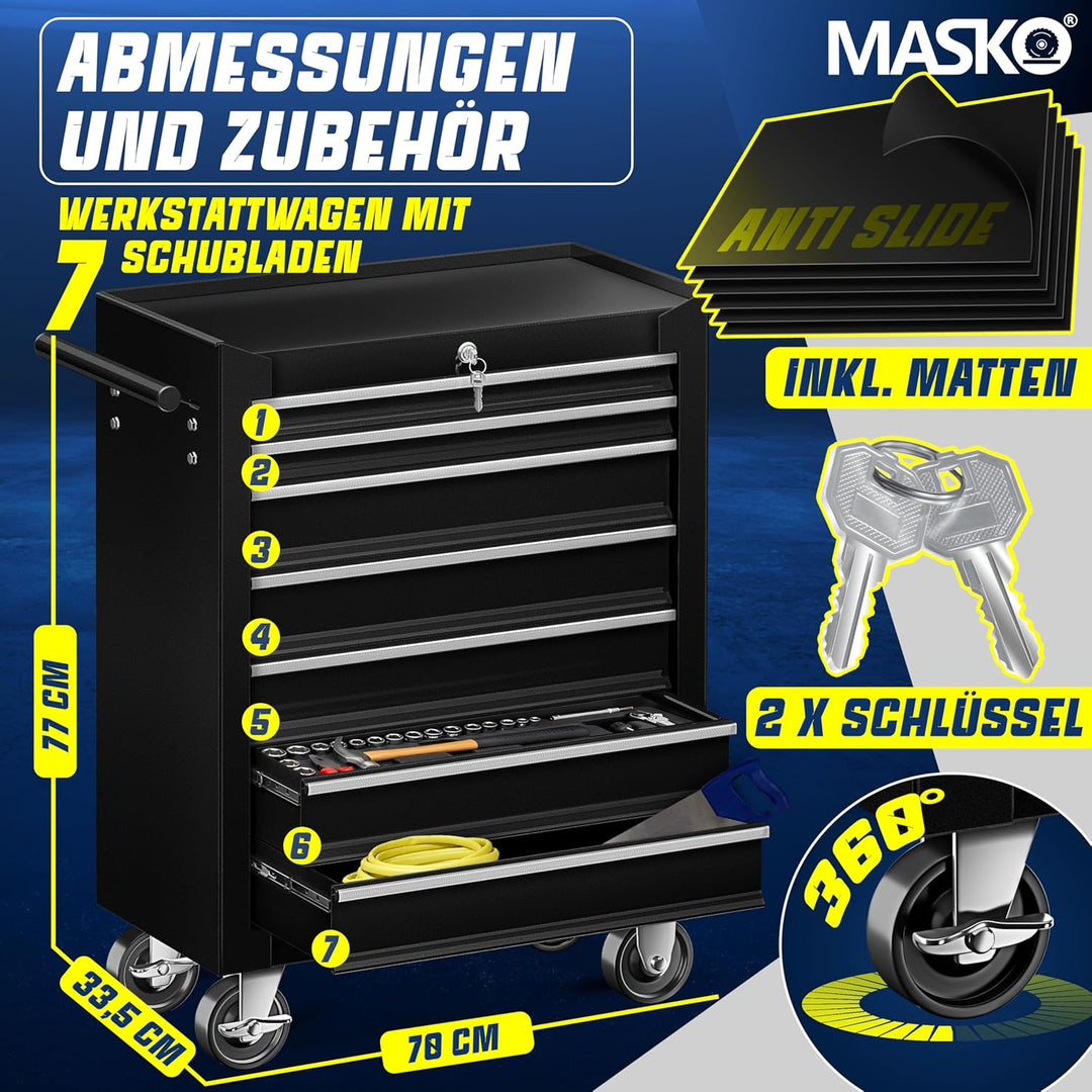 MASKO® Werkstattwagen - 7 Schubladen, schwarz | Abschliessbar | Massives Metall | Mobiler Werkzeug-W