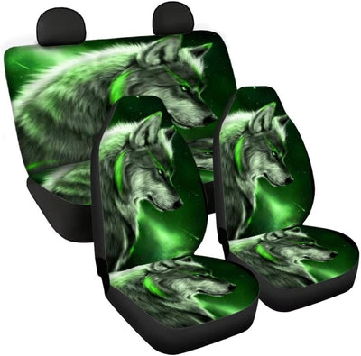 chaqlin Galaxy Green Wolf Auto Sitzbezug Set,4 Pcs Universal Auto Vordersitzbezüge Tier Wolf Hinter