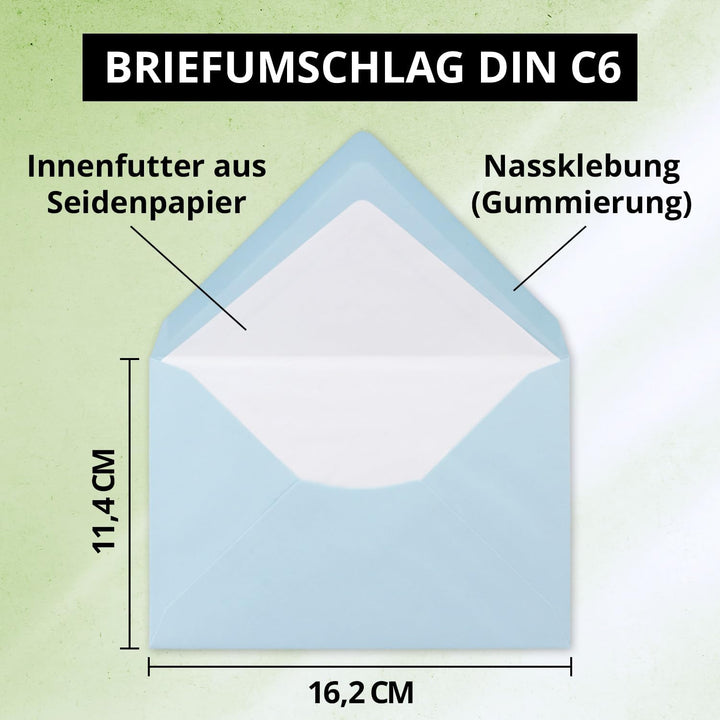 50 Briefumschläge Hellblau - DIN C6 - gefüttert mit weissem Seidenpapier - 80 g/m² - 11,4 x 16,2 cm