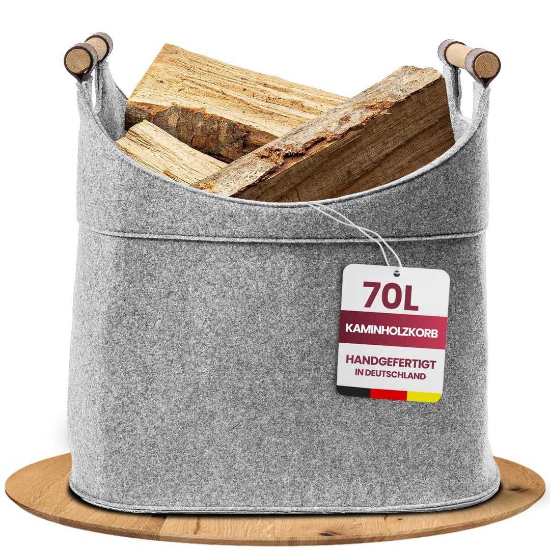 Filz Holzkorb für Kaminholz Gross [70 L] mit Echtholzhenkeln (Eiche) und Lederboden - Made in German