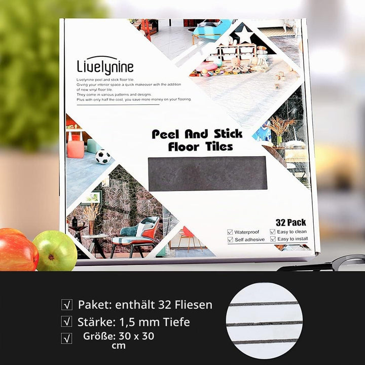 Livelynine 32 Fliesen Bodenfliesen Selbstklebend 30x30cm PVC Fliesen Selbstklebend Bad Boden Klebefl