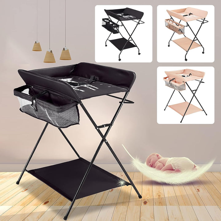 Klappbare Baby Wickelkommode, Wickeltisch mit Ablageflächern, Kissen mit Höhenskala, Breiter Wickelt