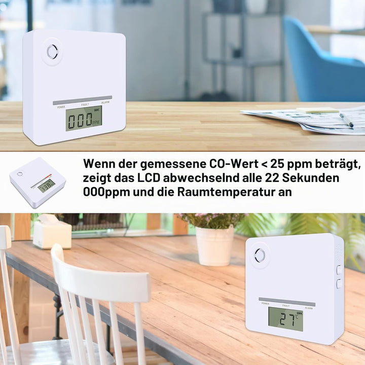 Scondaor CO-Melder mit digitaler LCD-Anzeige, Kohlenmonoxid-Warnmelder mit austauschbarer Batterie,