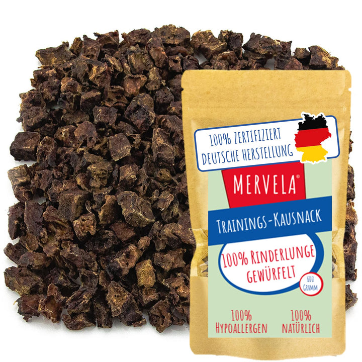 MERVELA® Leckerli Rinderlunge | 600 g | getrocknete Lunge für Hunde | für Training &amp; Belohnung | Kau