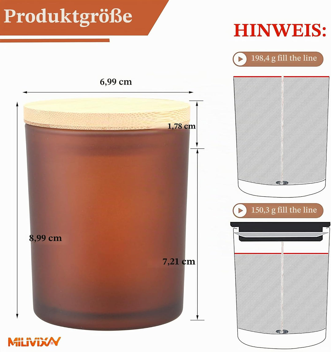 MILIVIXAY 20 Stück 200 ml mattierte bernsteinfarbene dicke Glas-Kerzengläser mit Deckel – leere Kerz