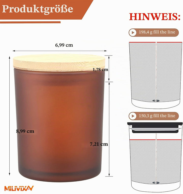 MILIVIXAY Mattierte bernsteinfarbene Kerzengläser aus Glas mit Deckeln und Kerzenherstellungs-Sets,