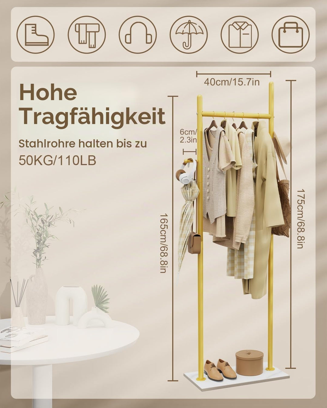 GUOHNHE Stabil Metall Garderobenständer, Grosse Freistehend Kleiderbügel Stand mit Rock Slab Base un