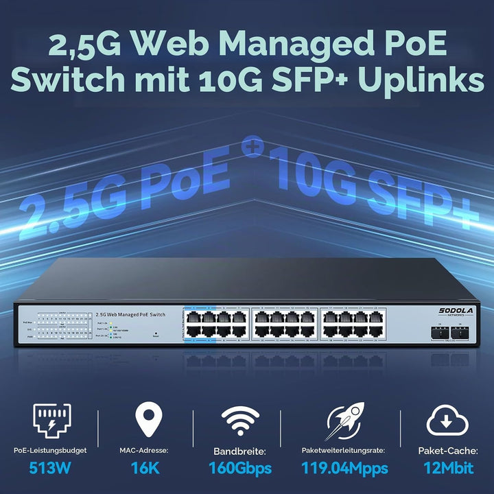 SODOLA 24-Port 2,5Gbit PoE+ Switch – Smart Managed mit 2x10G SFP+, 500W Gesamtleistung &amp; 1U-Rackmont