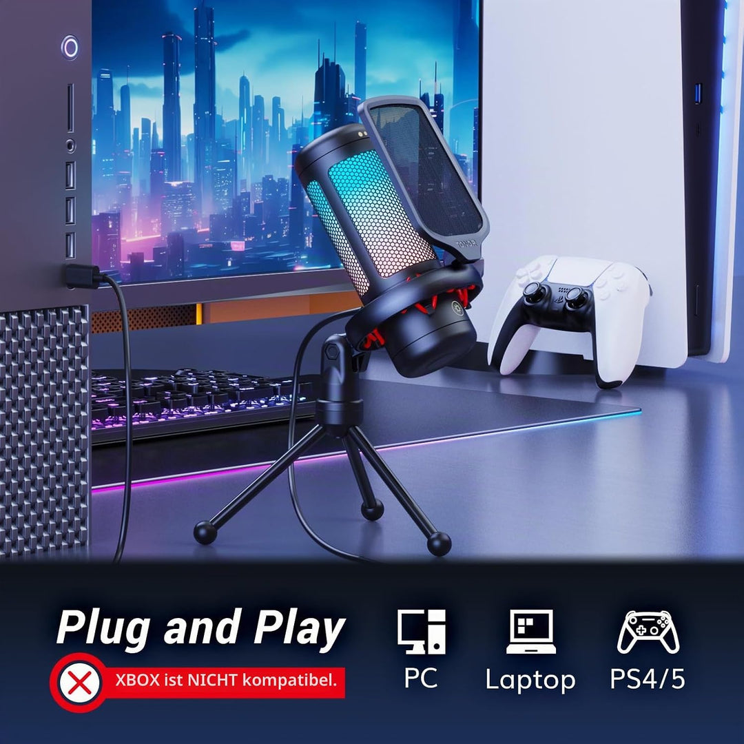 TONOR Gaming Mikrofon PC, USB Microphone für Computer PS4/5, Kondensatormikro mit RGB-Modi &amp; Helligk