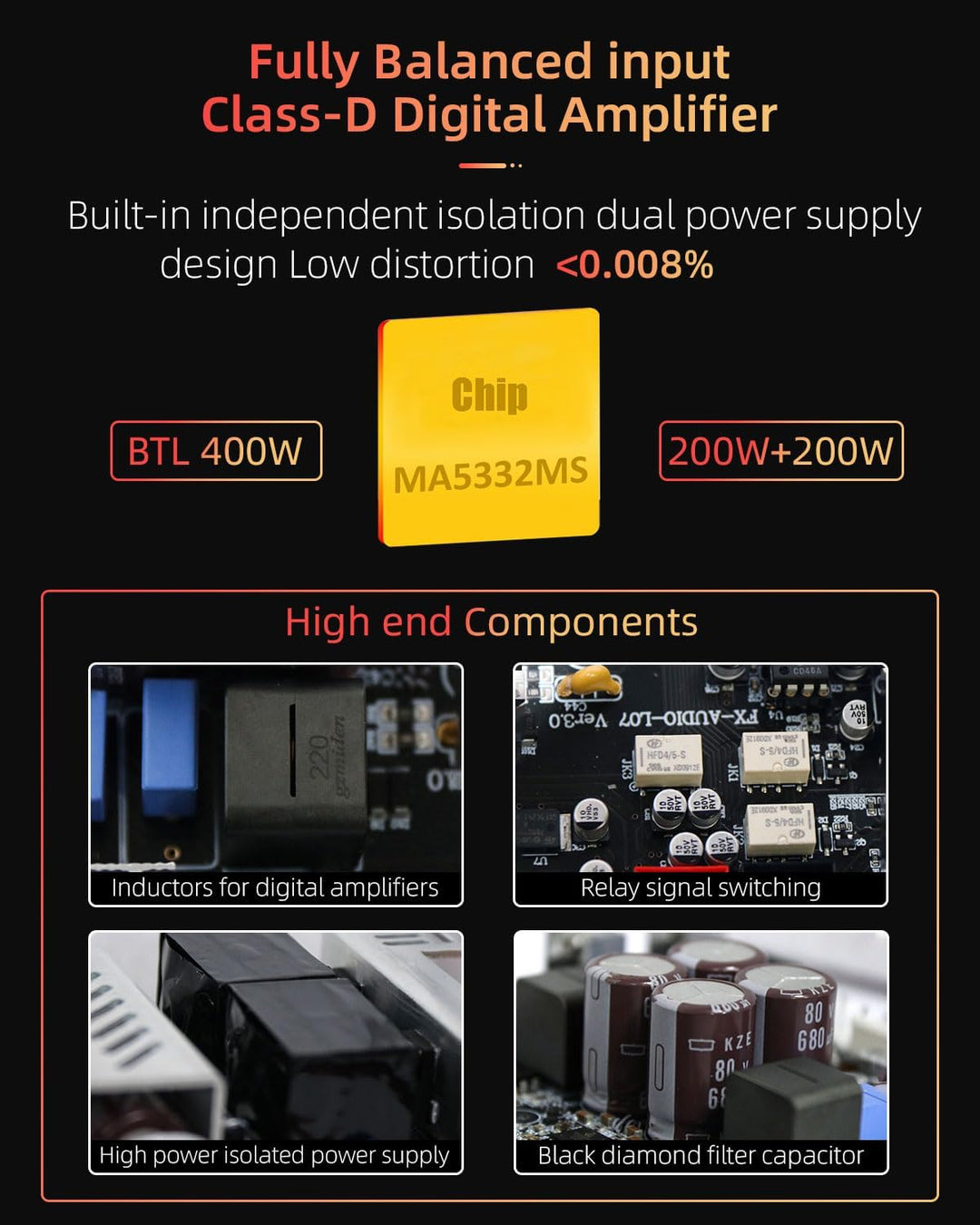 FX-Audio- L07 Stereo Audio Verstärker 200W x2 MA5332MS 2 Kanal Class D Power Amp Bridgeable BTL 400W